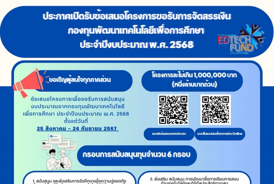 เปิดรับข้อเสนอโครงการขอรับการจัดสรรเงินกองทุนพัฒนาเทคโนโลยีเพื่อการศึกษา ประจำปีงบประมาณ พ.ศ. 2568  