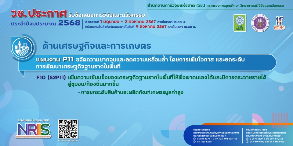 วช. ประกาศรับข้อเสนอการวิจัยและนวัตกรรม ประจำปีงบประมาณ 2568 (ด้านเศรษฐกิจและการเกษตร)