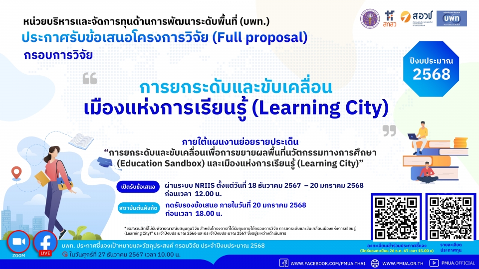 บพท. ประกาศรับข้อเสนอโครงการวิจัย (Full proposal) กรอบการวิจัย “การยกระดับและขับเคลื่อนเมืองแห่งการเรียนรู้ (Learning City)” ประจำปีงบประมาณ 2568