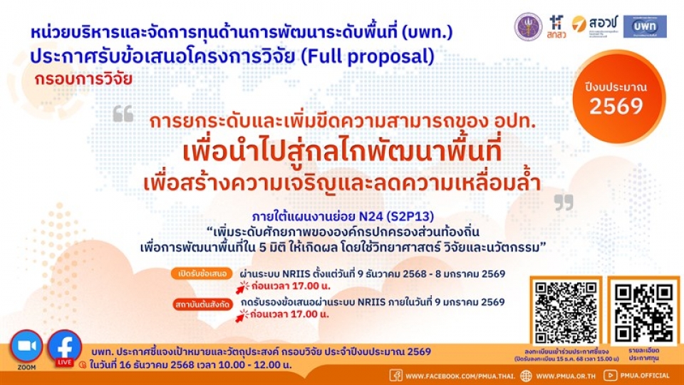 บพท.ประกาศรับข้อเสนอโครงการวิจัยฉบับสมบูรณ์ (Full proposal) กรอบการวิจัย 