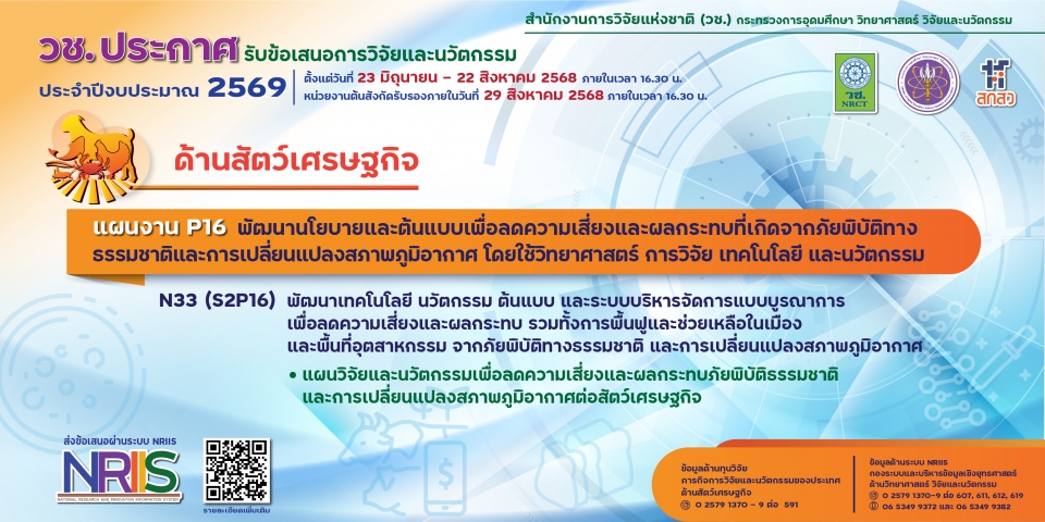วช. ประกาศรับข้อเสนอการวิจัยและนวัตกรรม ประจำปีงบประมาณ 2569 (ด้านสัตว์เศรษฐกิจ)