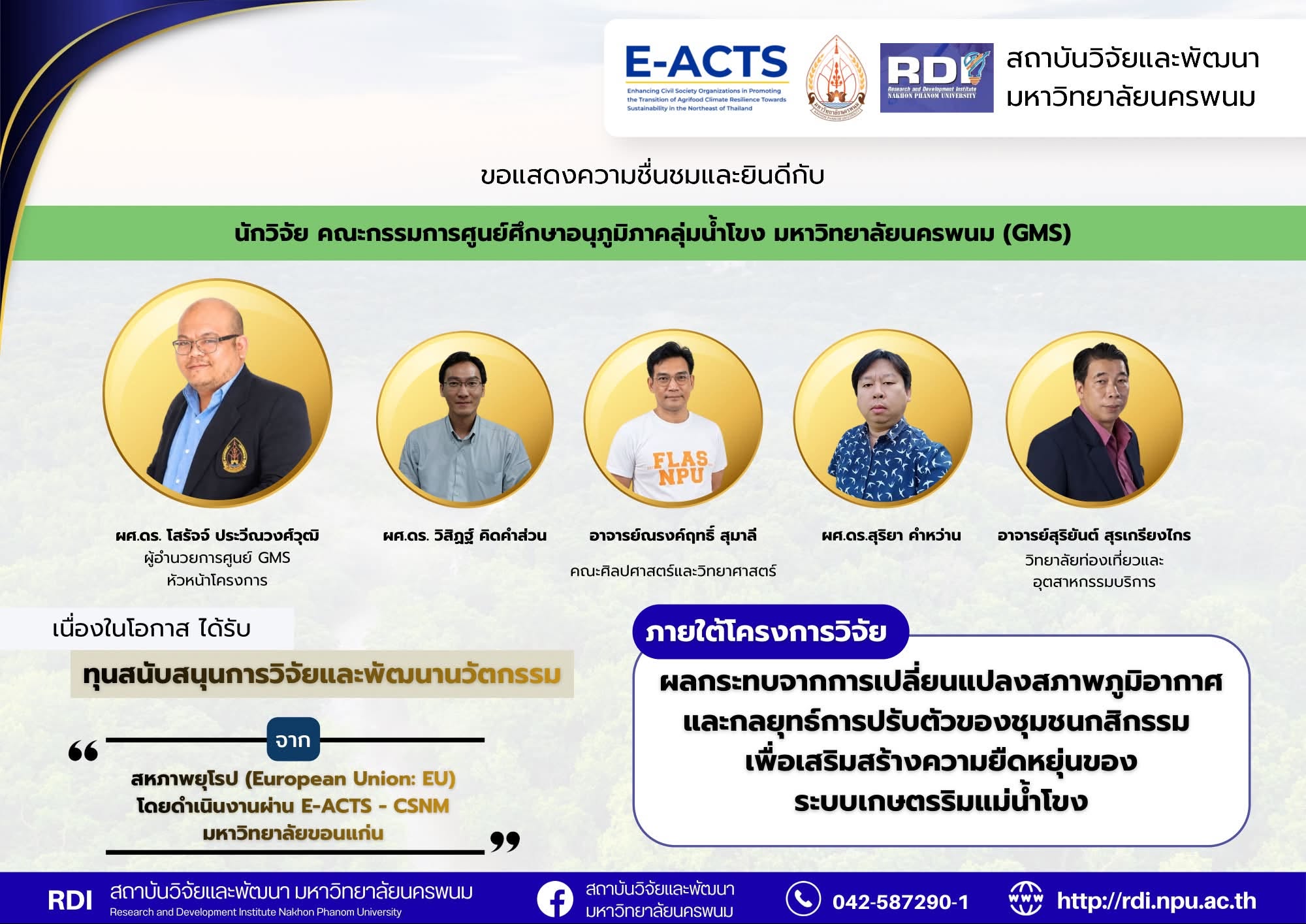 ขอแสดงความยินดีกับนักวิจัย (GMS) เนื่องในโอกาสได้รับทุนสนันสนุนการวิจัยและพัฒนานวัตกรรม