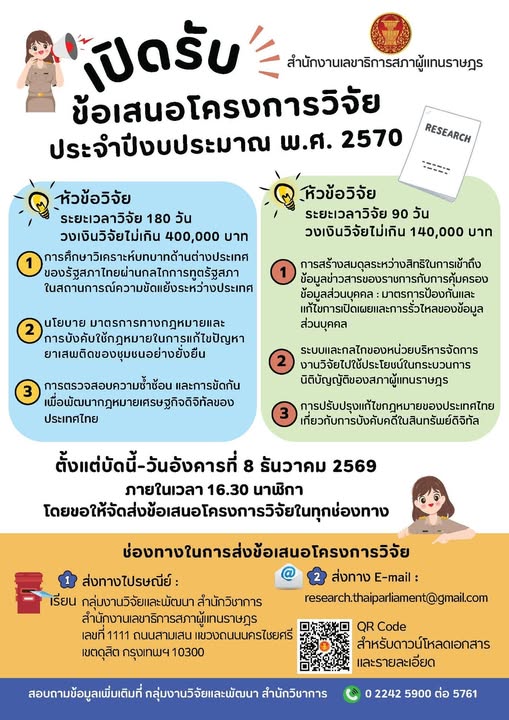สำนักงานเลขาธิการสภาผู้แทนราษฎร เปิดรับข้อเสนอโครงการวิจัย ประจำปีงบประมาณ 2570